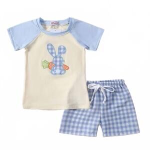 NEW CLOVER COTTAGE boy's plaid bunny short set in blue
